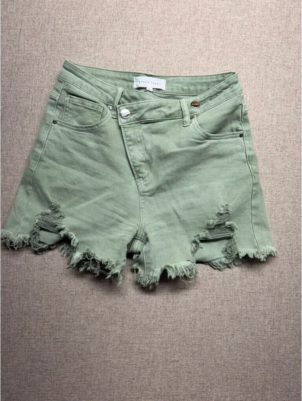 Risen Jeans Sage Green Cross Front High Rise Distressed Denim Shorts Size M